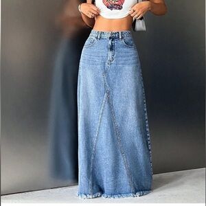 Boho blue denim high waisted maxi skirt light blue